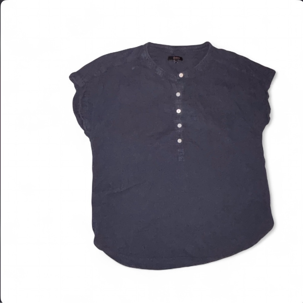 Quince Navy Blue Organic Cotton Gauze Roll Sleeve Shirt sz L Womens Short Sleeve
